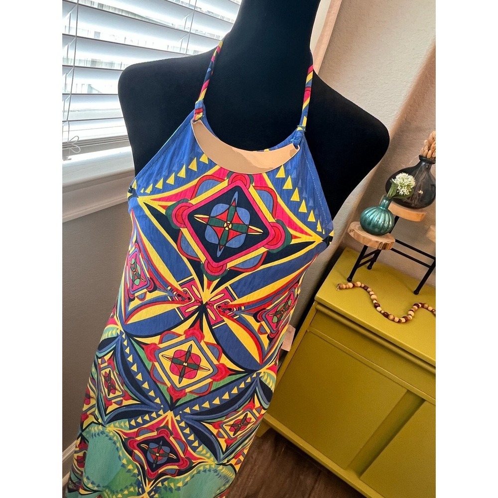 NWT multi color halter boho maxi dress. Lined. Poly,‎ spandex. Festival Rave. L